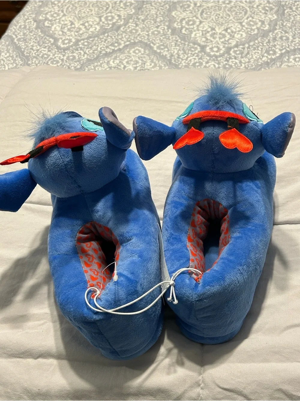Disney Blue Stitch Plush Slippers with Red Heart Details